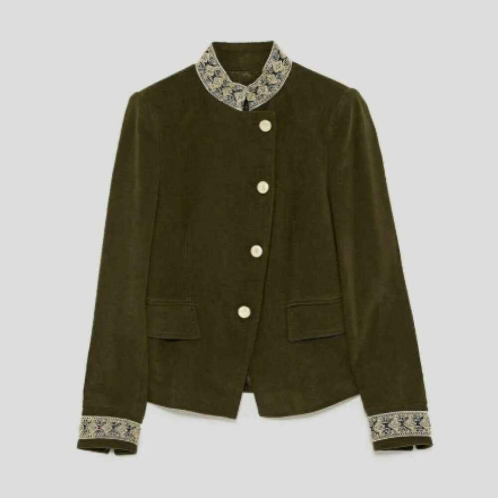 Zara Khaki Green Velvet Blazer Jacket Coat Size XL